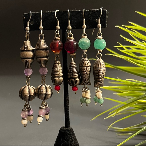 NEW 3 of Vintage Afghan Handmade Gemstones Dangle/Drop Earrings - Picture 4 of 6